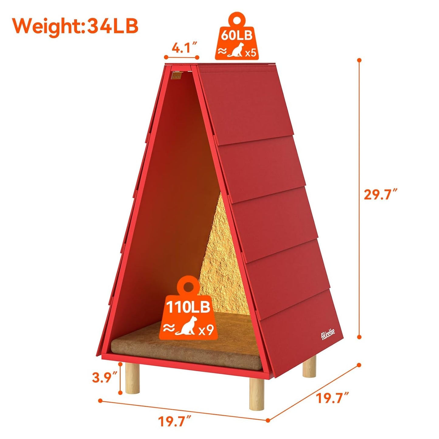 FÉLICETTE Cat Foldable House, Cat Bed for Indoor Cats, Morden Cat Cave, Wooden Cat beds & Cat Tree & Cat Scratcher 3 in 1, Cat Furniture for Small Pet Large Kitty, Cat Teepee, RED