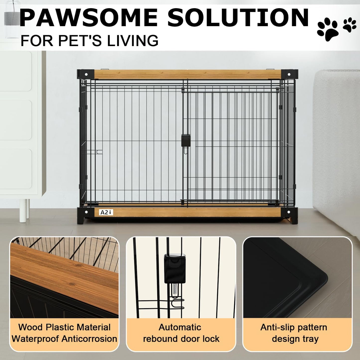 Dog Crate,Dog Cage with Removable Cleaning Tray,Wood Plastic Dog Kennel with Double Doors,Lnterior Aesthetic Dog Crate,Dog Kennel for Small/Medium/Large Dog (37.4" L x 27.55" W x 27.55" H)