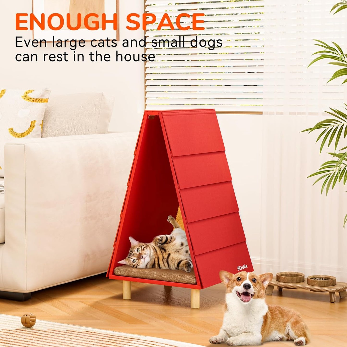 FÉLICETTE Cat Foldable House, Cat Bed for Indoor Cats, Morden Cat Cave, Wooden Cat beds & Cat Tree & Cat Scratcher 3 in 1, Cat Furniture for Small Pet Large Kitty, Cat Teepee, RED