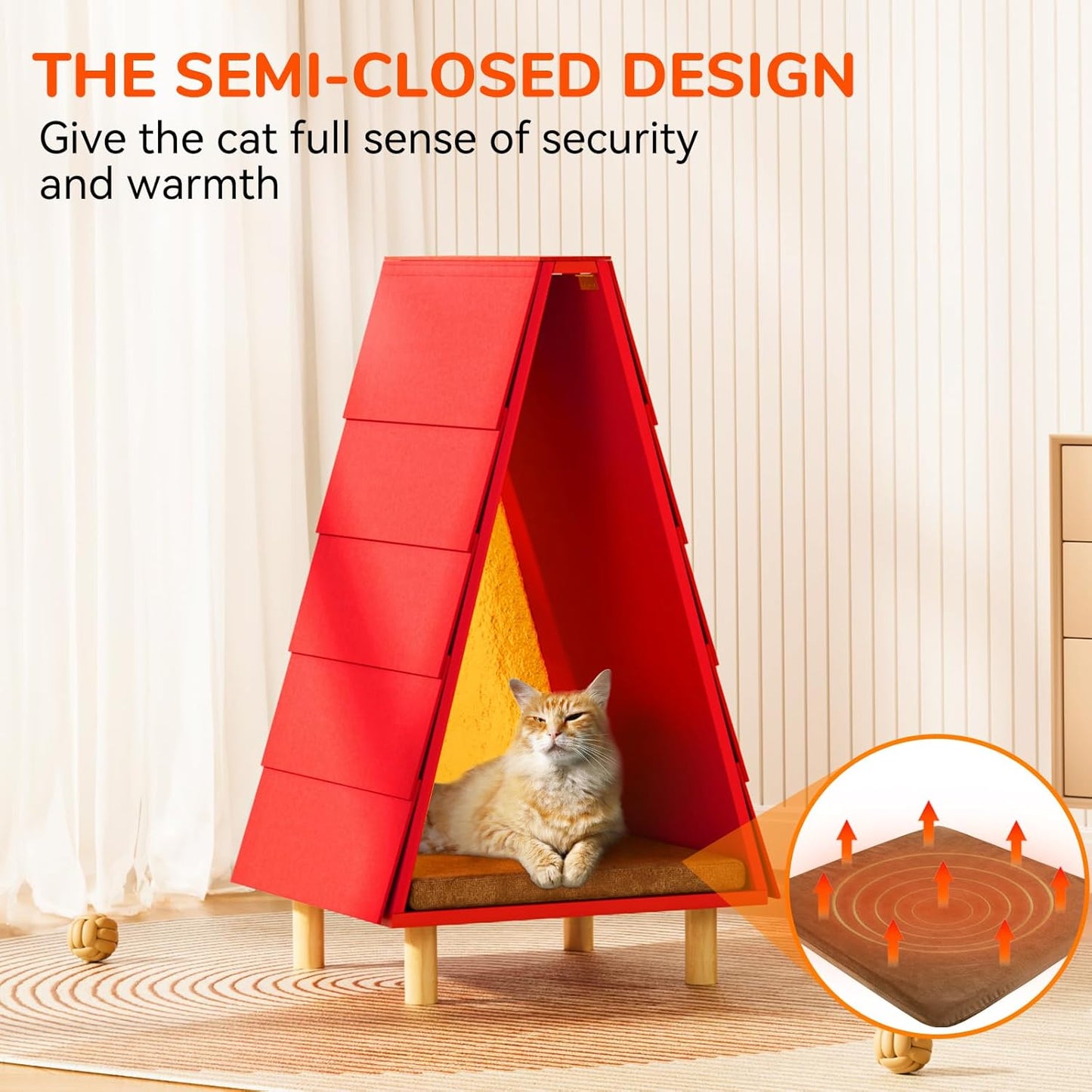 FÉLICETTE Cat Foldable House, Cat Bed for Indoor Cats, Morden Cat Cave, Wooden Cat beds & Cat Tree & Cat Scratcher 3 in 1, Cat Furniture for Small Pet Large Kitty, Cat Teepee, RED