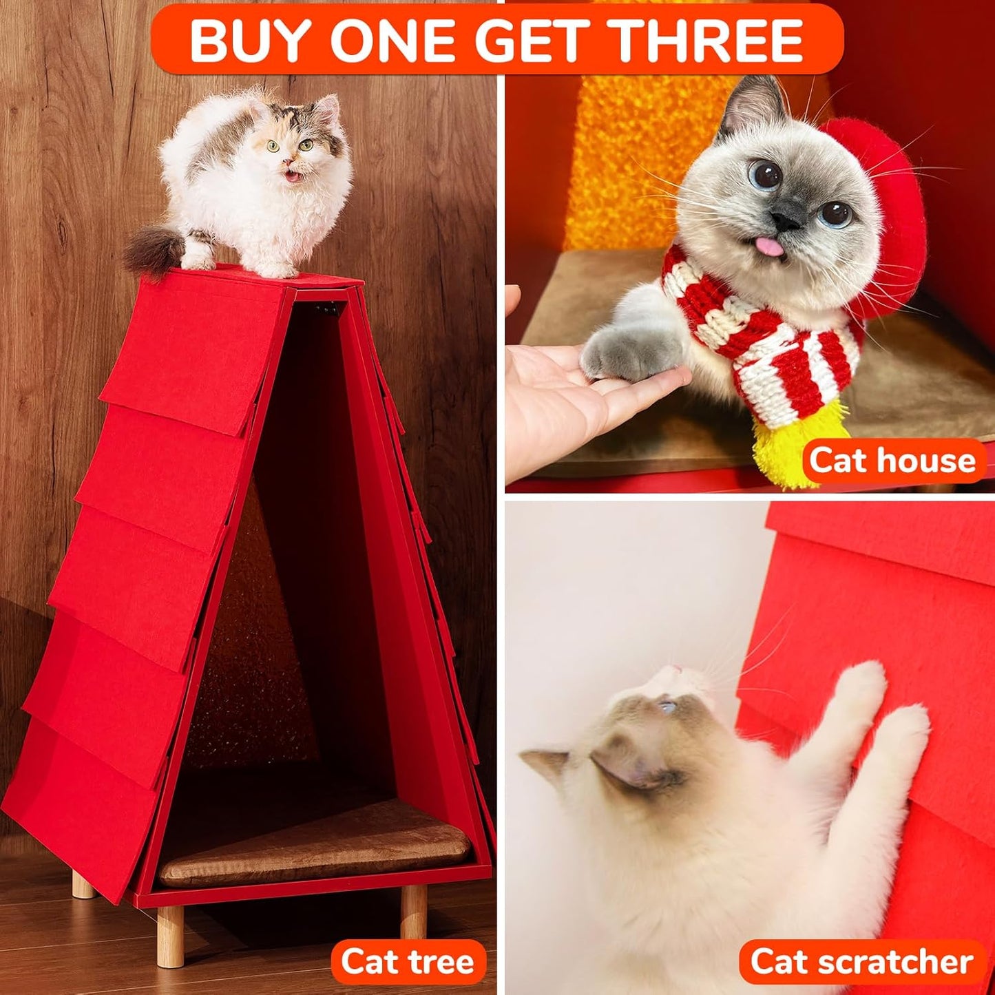 FÉLICETTE Cat Foldable House, Cat Bed for Indoor Cats, Morden Cat Cave, Wooden Cat beds & Cat Tree & Cat Scratcher 3 in 1, Cat Furniture for Small Pet Large Kitty, Cat Teepee, RED