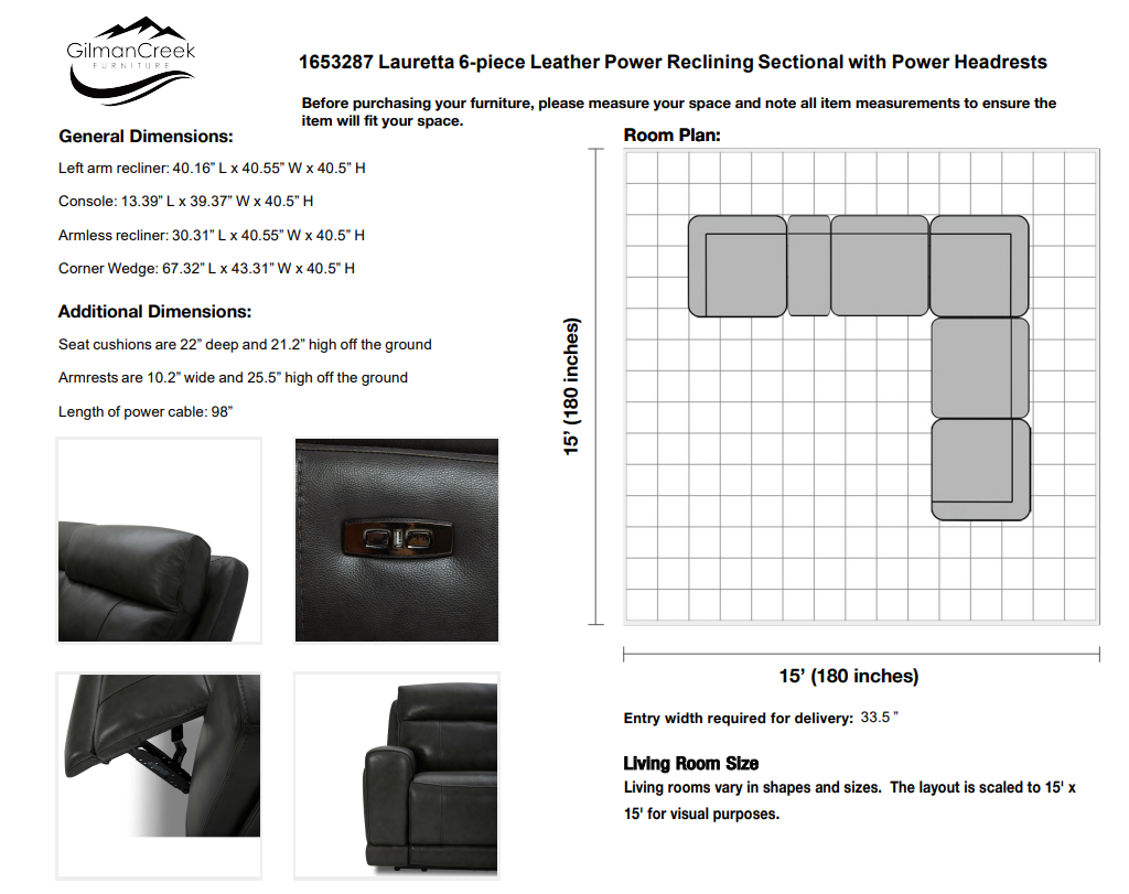 Lauretta 6-piece Leather Power Reclining Sectional with Power Headrests
