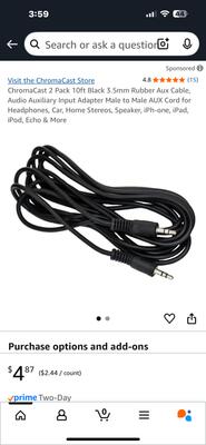 Chromecast two pack 10 foot black 3.5 MM rubber auxiliary cable