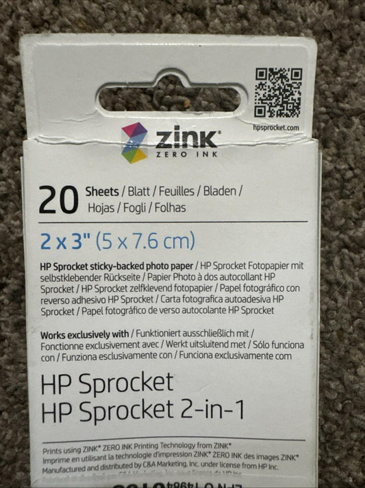 HP Sprocket 2x3" Premium Zink Sticky Back Photo Paper (20 Sheets) Compatible