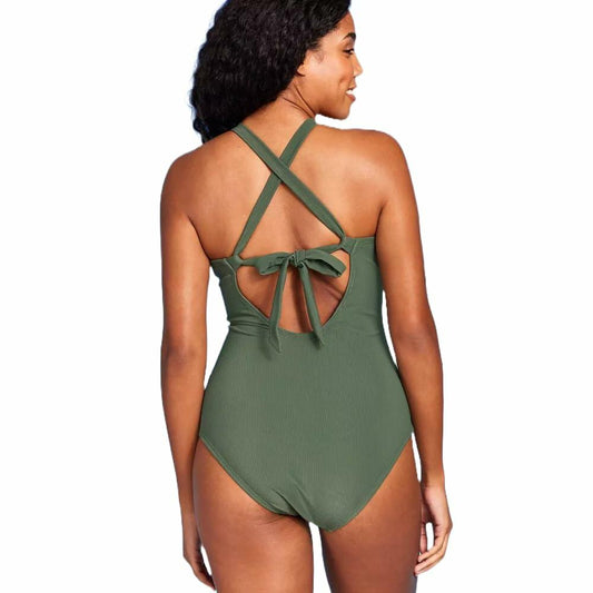 Shade & Shore Women's Ribbed Plunge  One Piece Swimsuit-small