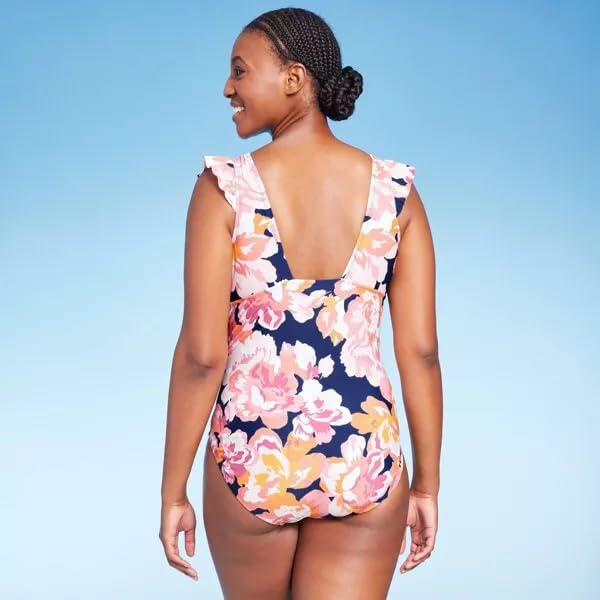 Kona Sol Women's loral Print Ruffle Sleeve Onepiece Swimsuit - Medium