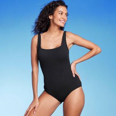 Women's Full Coverage Pucker Textured Square Neck One Piece Swimsuit-XL
