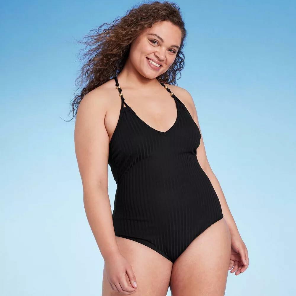 Shade & Shore Women's Ribbed Bead Knot Detail One Piece Swimsuit-XL