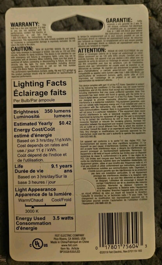 Feit G8 LED Under-Cabinet Bulbs Warm White 35W Eq 350 Lumens 4-Pack