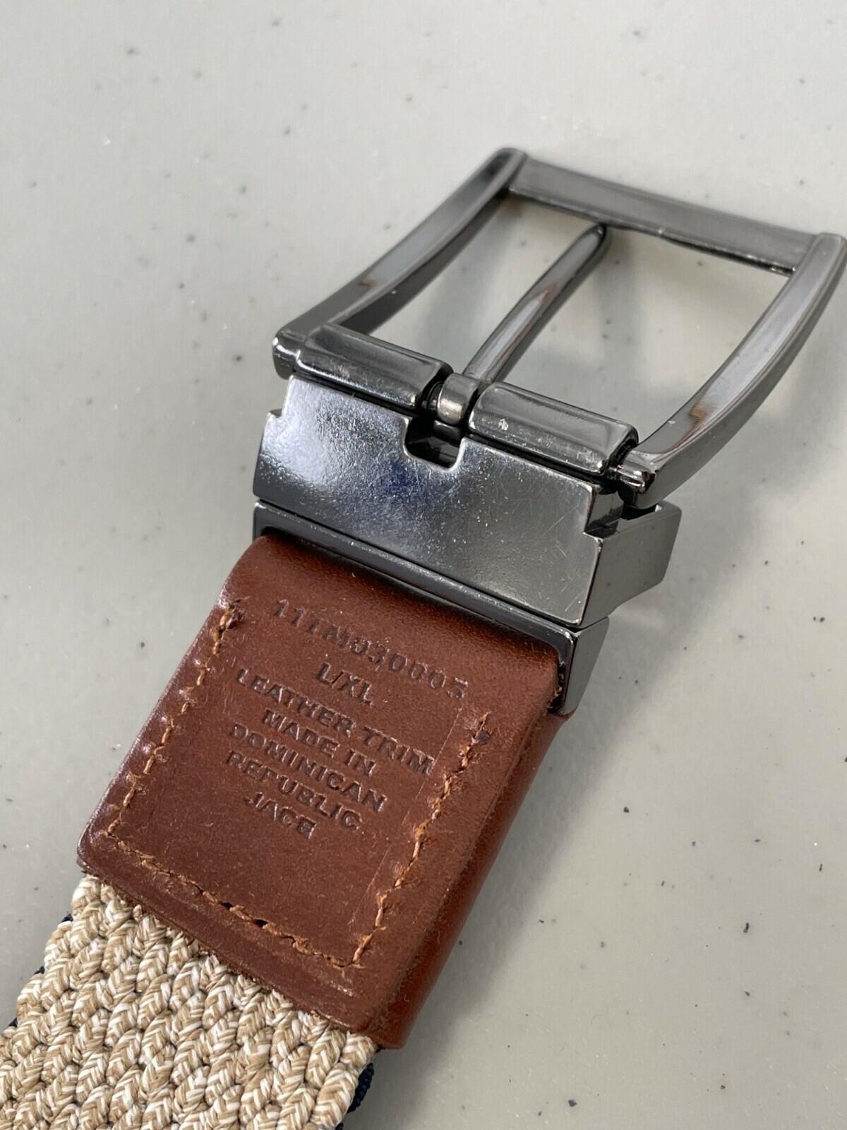 Tommy Bahama Reversible Stretch Belt Size Large/XL Navy Khaki Leather Trim NEW