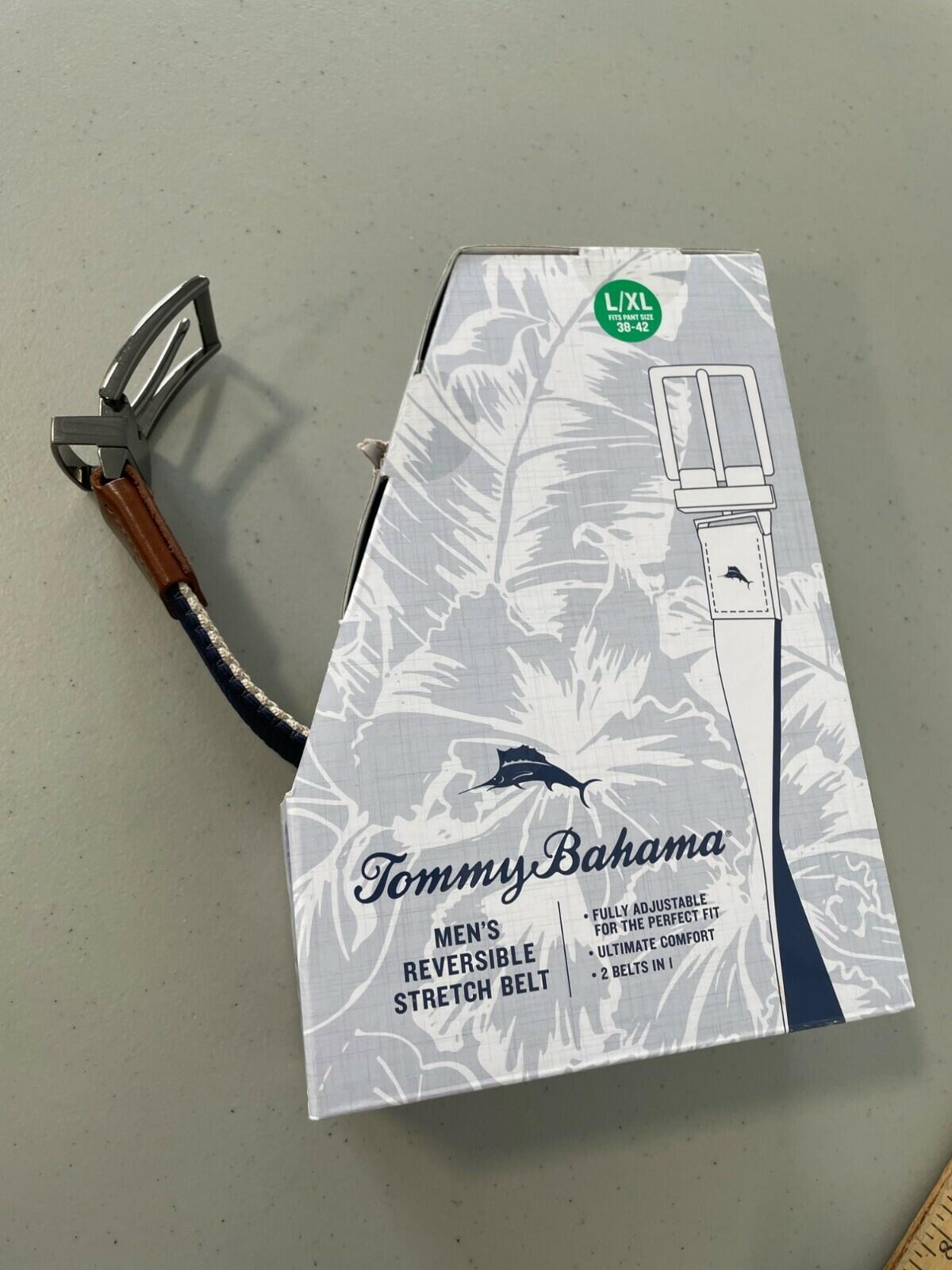 Tommy Bahama Reversible Stretch Belt Size Large/XL Navy Khaki Leather Trim NEW