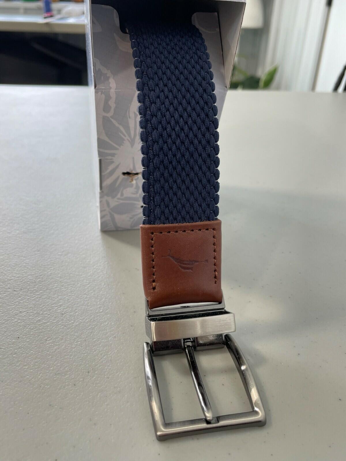 Tommy Bahama Reversible Stretch Belt Size Large/XL Navy Khaki Leather Trim NEW