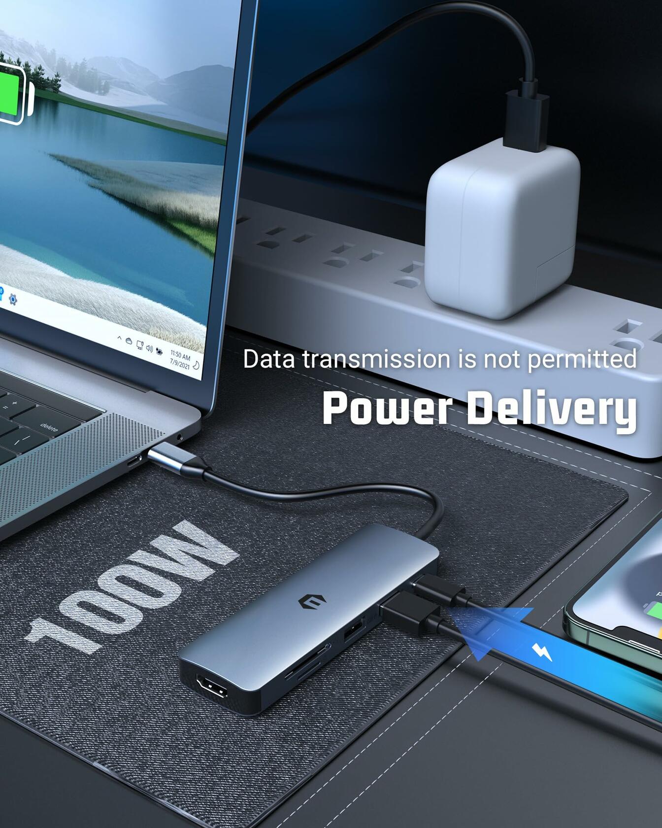 USB C HUB, 6 in 1,4K HDMI,100W PD, USB 3.0/2.0 Ports, SD/TF Card Reader- Mac /PC