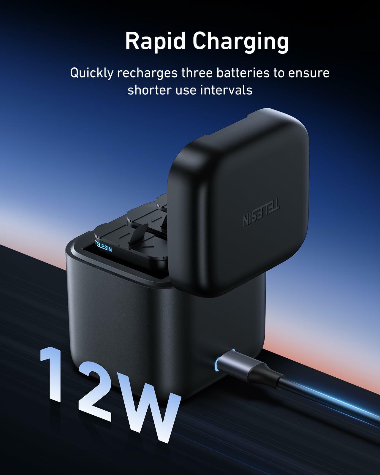 TELESIN Battery Charger for GoPro Hero 12,11,10,9