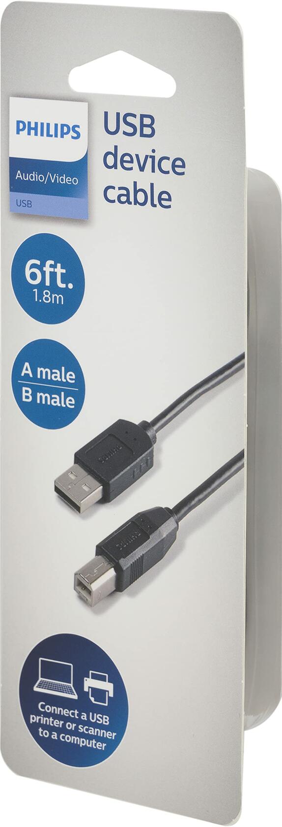Philips USB 2.0 Cable, 6ft. (1.8m), A-Male to B-Male Cord