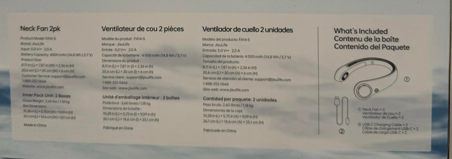 JISULIFE Neck Fan – Hands-Free, Rechargeable, Ultra-Quiet Personal Fan, 2-Pack