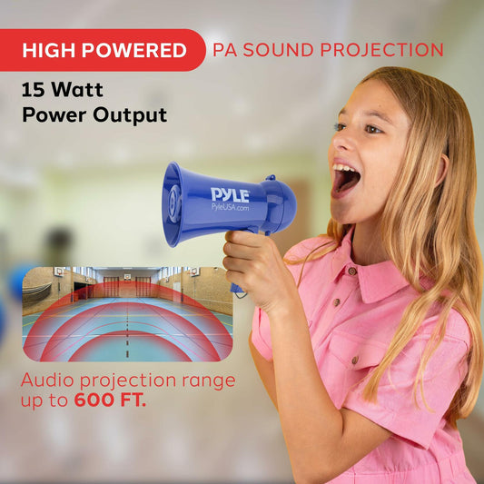 Pyle Portable Battery Operated Megaphone - Mega Horn Loudspeaker with Built-in Siren and Dynamic Microphone - Ideal for Cheering at Football Games, Mini Bullhorn for Kids and Adults,Navy Blue