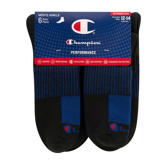 Champion Men's, Performance Ankle Socks, 6-Pack, Black-6 Pack, 12-14