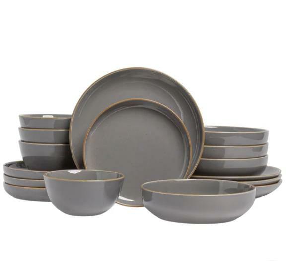 over&back 16-Piece Stackable Stoneware Dinnerware Set – Plates & Bowls, Gray