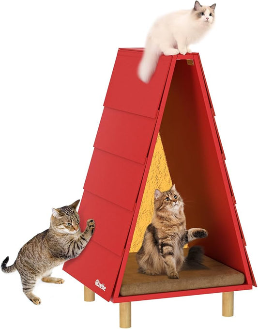 FÉLICETTE Cat Foldable House, Cat Bed for Indoor Cats, Morden Cat Cave, Wooden Cat beds & Cat Tree & Cat Scratcher 3 in 1, Cat Furniture for Small Pet Large Kitty, Cat Teepee, RED