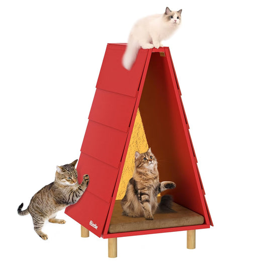 FÉLICETTE Cat Foldable House, Cat Bed for Indoor Cats, Morden Cat Cave, Wooden Cat beds & Cat Tree & Cat Scratcher 3 in 1, Cat Furniture for Small Pet Large Kitty, Cat Teepee, RED