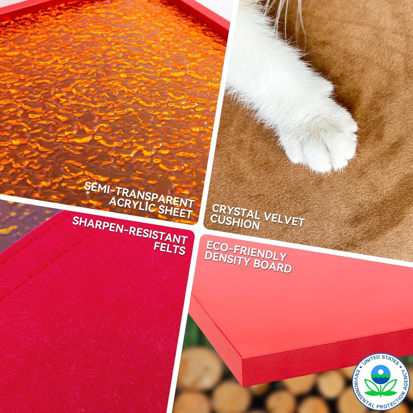 FÉLICETTE Cat Foldable House, Cat Bed for Indoor Cats, Morden Cat Cave, Wooden Cat beds & Cat Tree & Cat Scratcher 3 in 1, Cat Furniture for Small Pet Large Kitty, Cat Teepee, RED