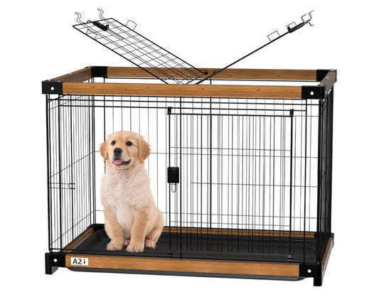 Dog Crate,Dog Cage with Removable Cleaning Tray,Wood Plastic Dog Kennel with Double Doors,Lnterior Aesthetic Dog Crate,Dog Kennel for Small/Medium/Large Dog (37.4" L x 27.55" W x 27.55" H)