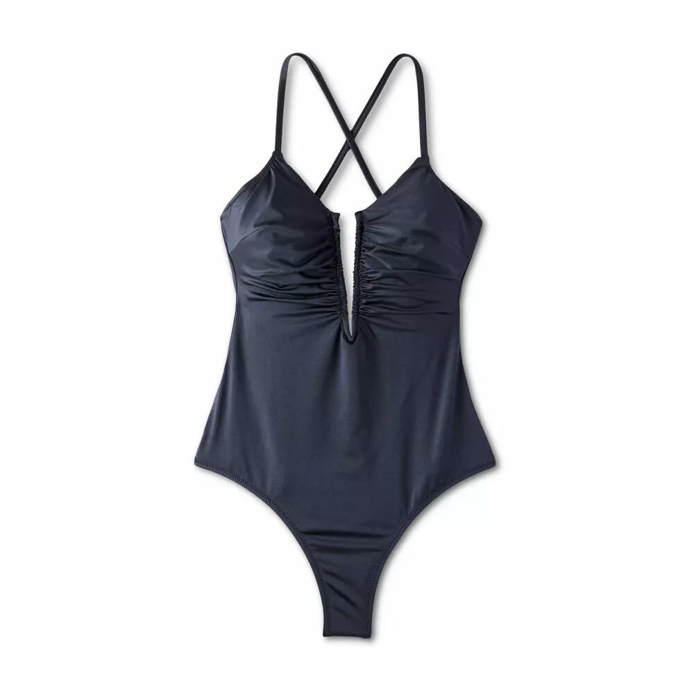 Shade & Shore Women's Shirred V-Wire Plunge One Piece Swimsuit-Large
