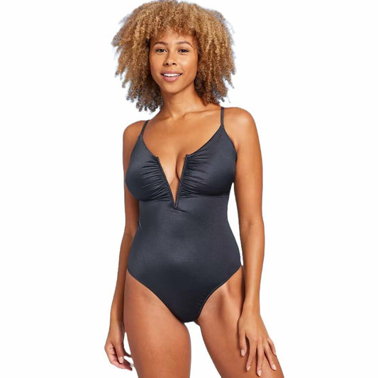 Shade & Shore Women's Shirred V-Wire Plunge One Piece Swimsuit-Large