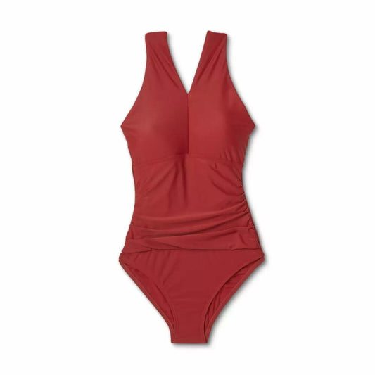 Kona Sol Women's Ring Crossover Ruched  One Piece Swimsuit-Large