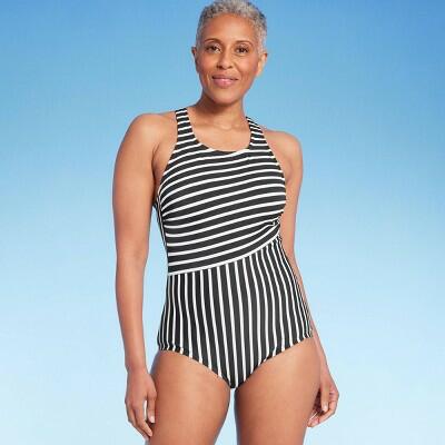 Lands' End Women's UPF 50 Full Coverage Striped High Neck Tugless One Piece -XL