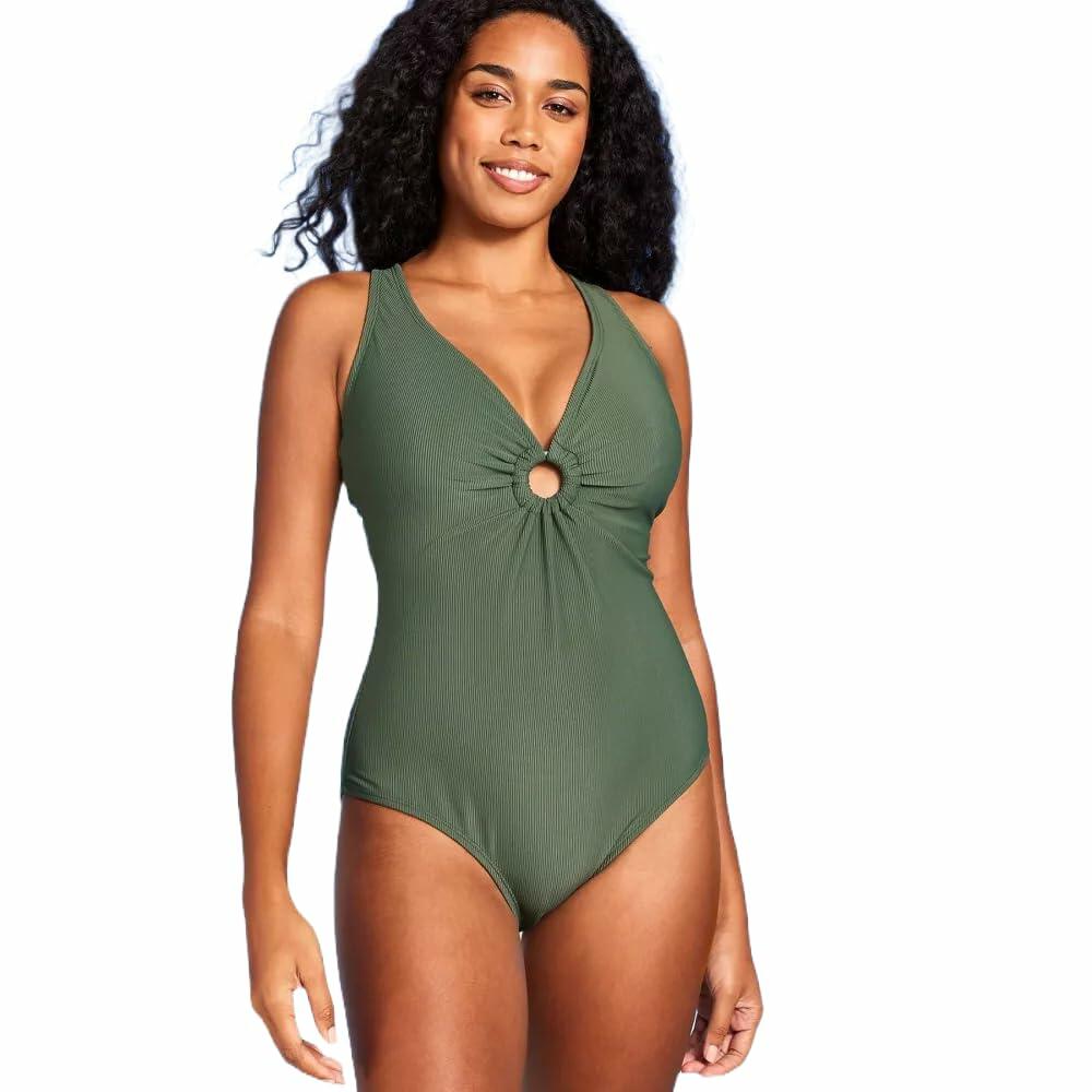 Shade & Shore Women's Ribbed Plunge  One Piece Swimsuit-small
