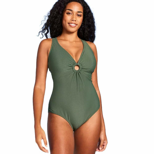 Shade & Shore Women's Ribbed Plunge  One Piece Swimsuit-small