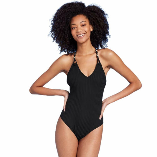 Shade & Shore Women's Ribbed Bead Knot Detail One Piece Swimsuit-Small