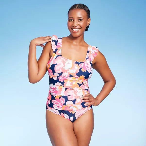 Kona Sol Women's loral Print Ruffle Sleeve Onepiece Swimsuit - Medium