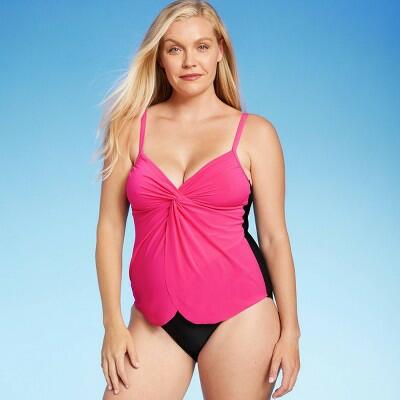 Women's UPF 50 Draped Front One Piece Swimsuit - Aqua Green® Pink-Medium