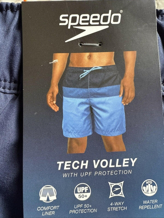 Speedo Mens Tech Volley Swim Trunks UPF 50+ Comfort Liner, Blue XL