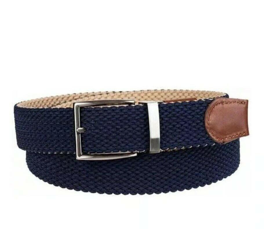 Tommy Bahama Reversible Stretch Belt Size Large/XL Navy Khaki Leather Trim NEW