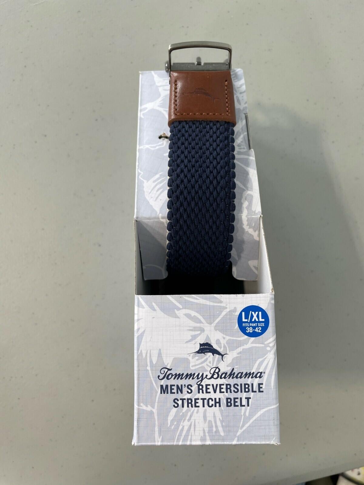 Tommy Bahama Reversible Stretch Belt Size Large/XL Navy Khaki Leather Trim NEW