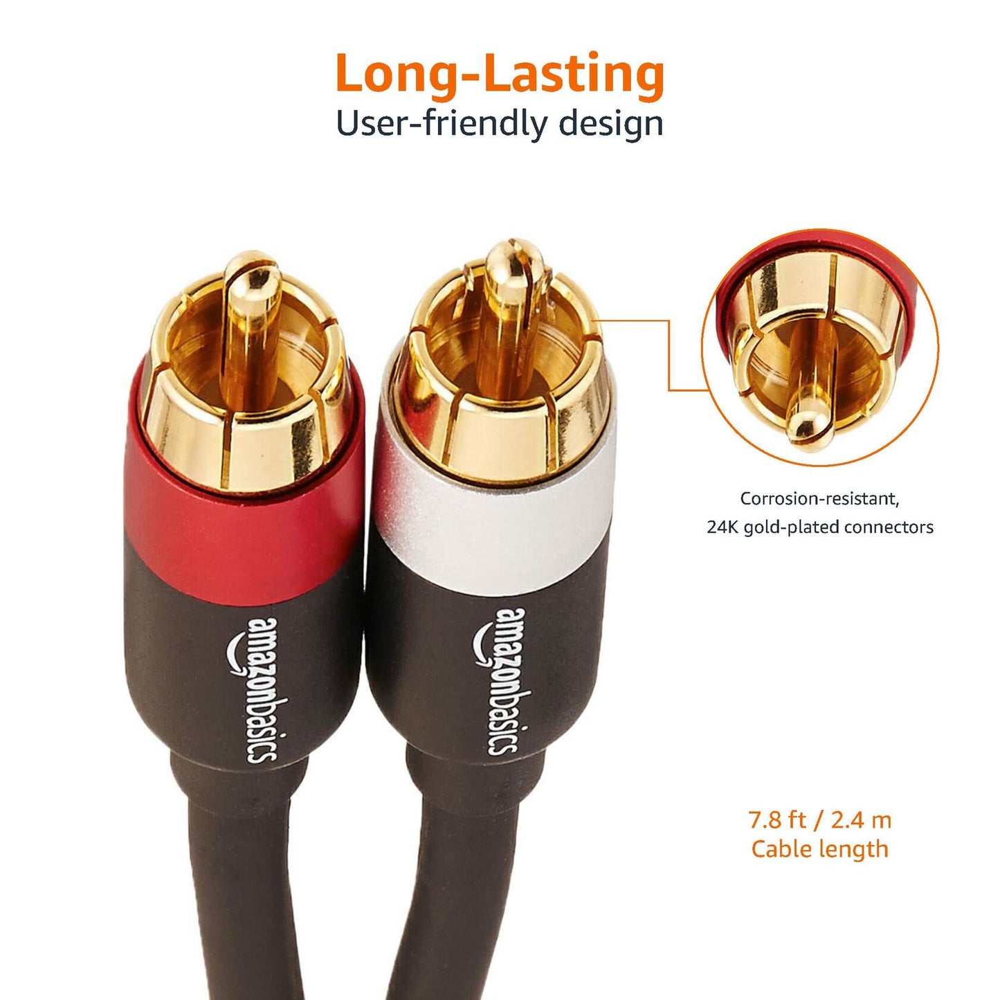 Amazon Basics 2 RCA Audio Cable, Active Speakers or Subwoofer/gold-Plated-8 Feet