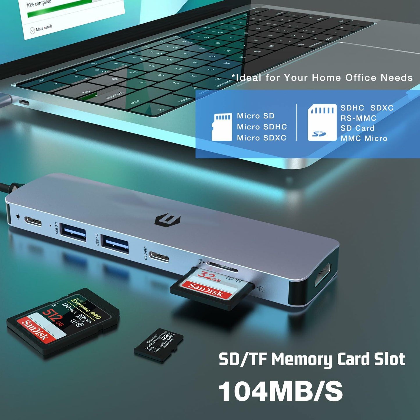 USB-C 7-in-1 Hub: 4K HDMI, 100W PD, USB 3.0, SD/TF Card Reader, Windows & Apple