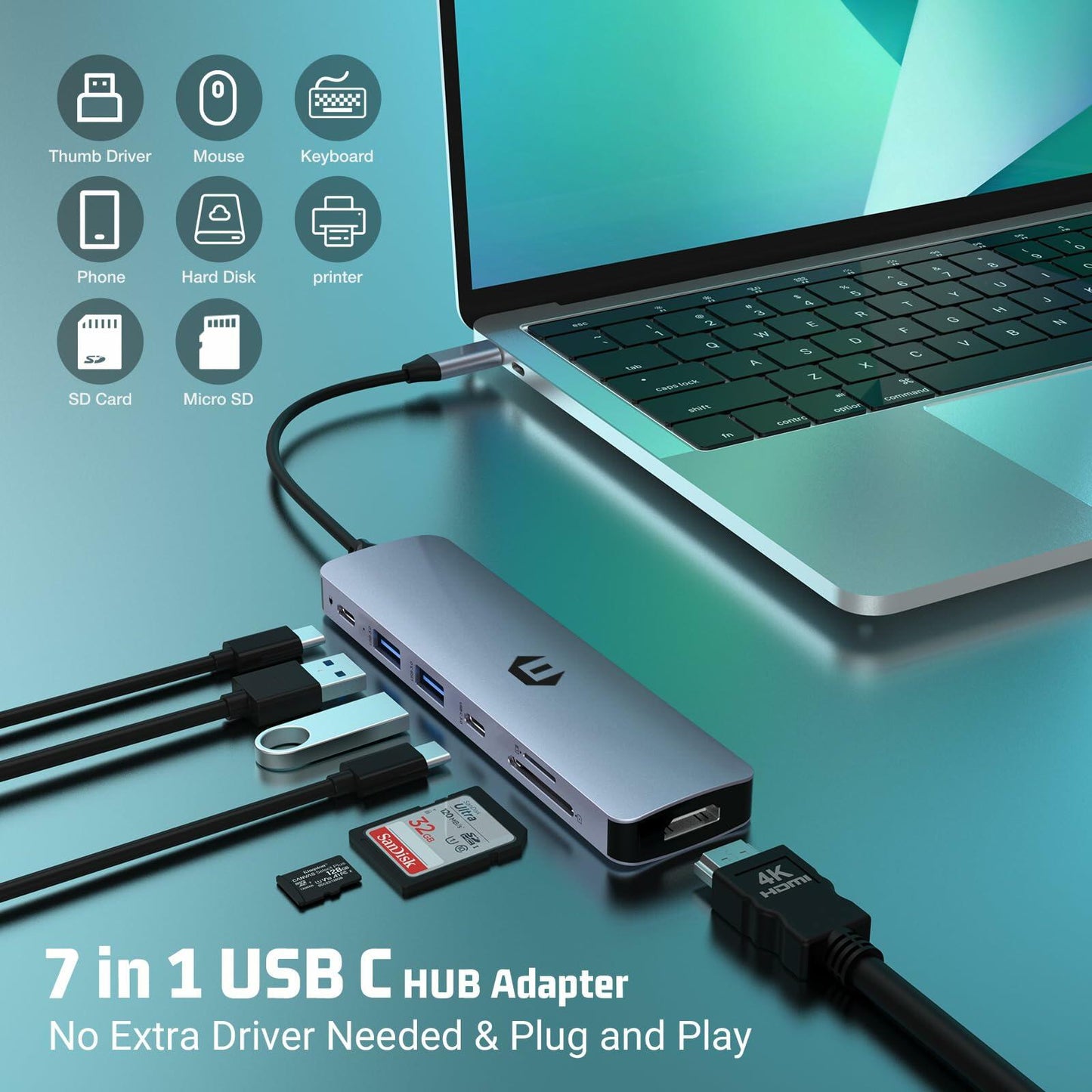USB-C 7-in-1 Hub: 4K HDMI, 100W PD, USB 3.0, SD/TF Card Reader, Windows & Apple