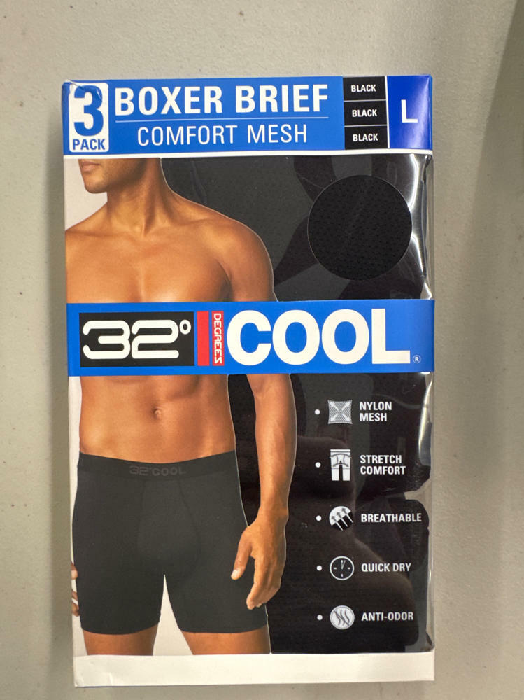 32 DEGREES COOL Men's Boxer Brief, Comfort Mesh, 3-Pack, Black, Large, Quick Dry
