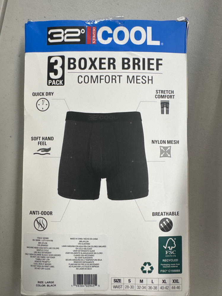 32 DEGREES COOL Men's Boxer Brief, Comfort Mesh, 3-Pack, Black, Large, Quick Dry