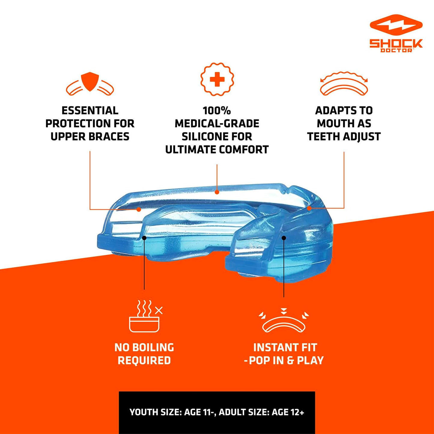 Shock Doctor Braces Mouth Guard Upper Teeth Protection Instant Fit Adult Youth