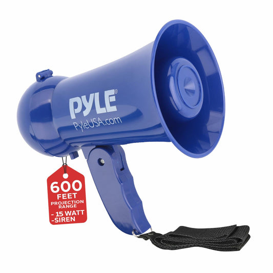 Pyle Portable Battery Operated Megaphone - Mega Horn Loudspeaker with Built-in Siren and Dynamic Microphone - Ideal for Cheering at Football Games, Mini Bullhorn for Kids and Adults,Navy Blue