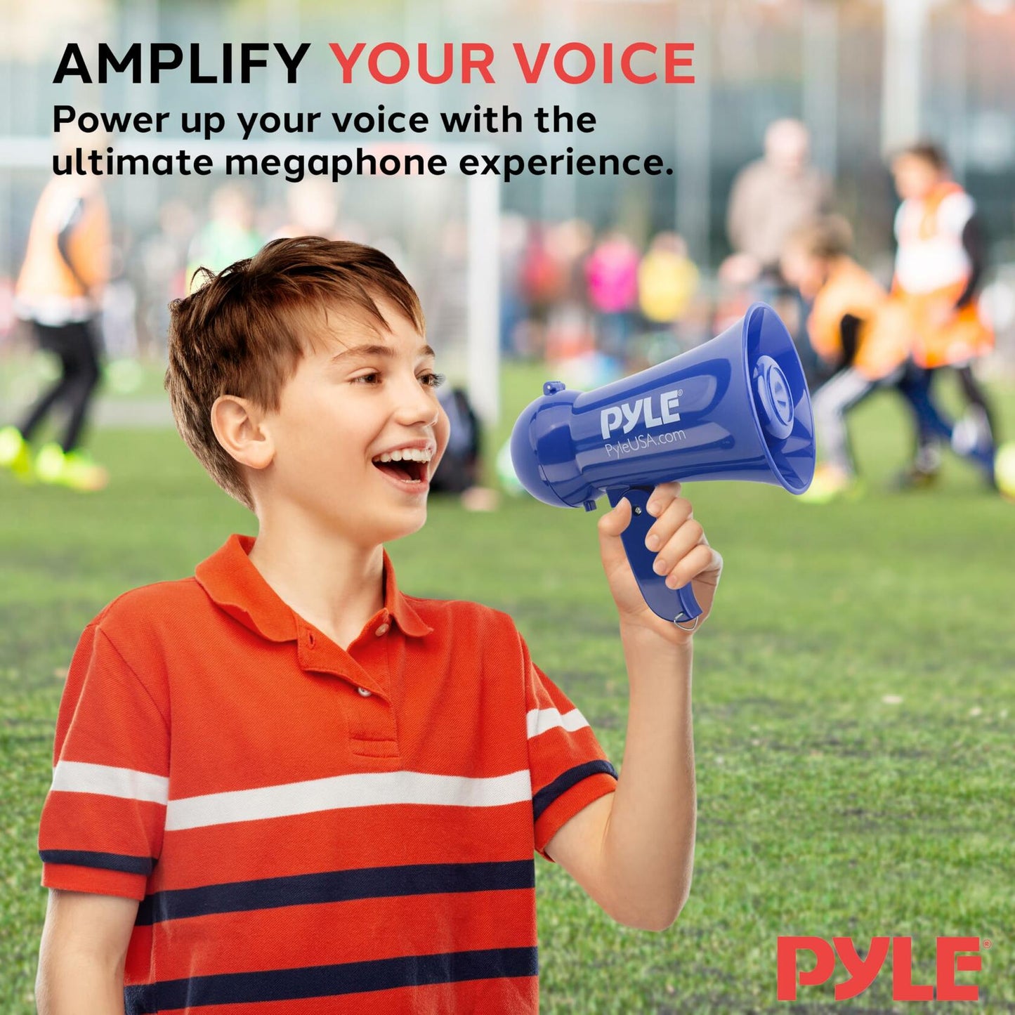 Pyle Portable Battery Operated Megaphone - Mega Horn Loudspeaker with Built-in Siren and Dynamic Microphone - Ideal for Cheering at Football Games, Mini Bullhorn for Kids and Adults,Navy Blue