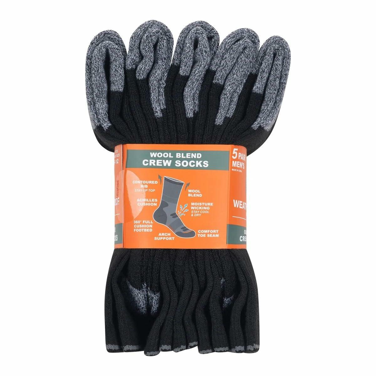 Weatherproof Vintage Men's Wool Blend Crew Socks, Outdoor, 5-Pair