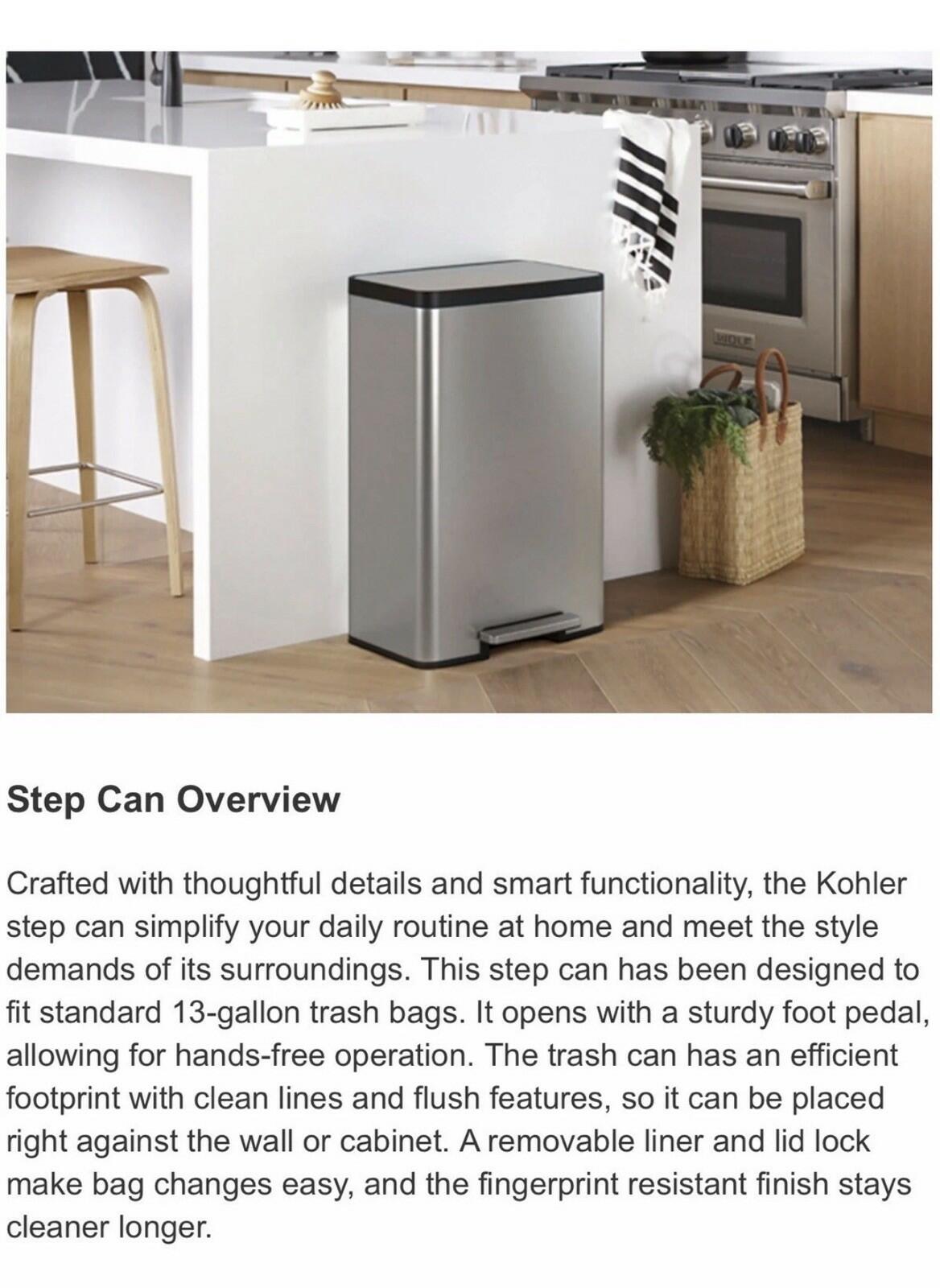 Kohler 47L Step Trash Can SS Silver Grade A Open Box ding and dent