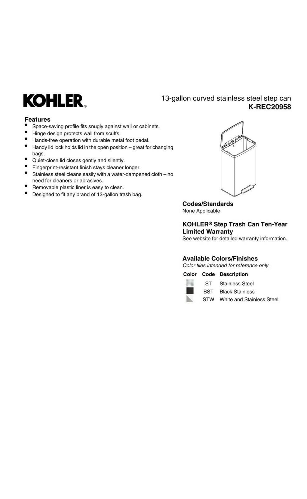 Kohler 47L Step Trash Can SS Silver Grade A Open Box ding and dent